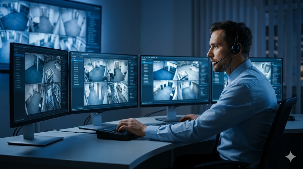 CCTV monitoring centre operator watching live feeds on multiple screens